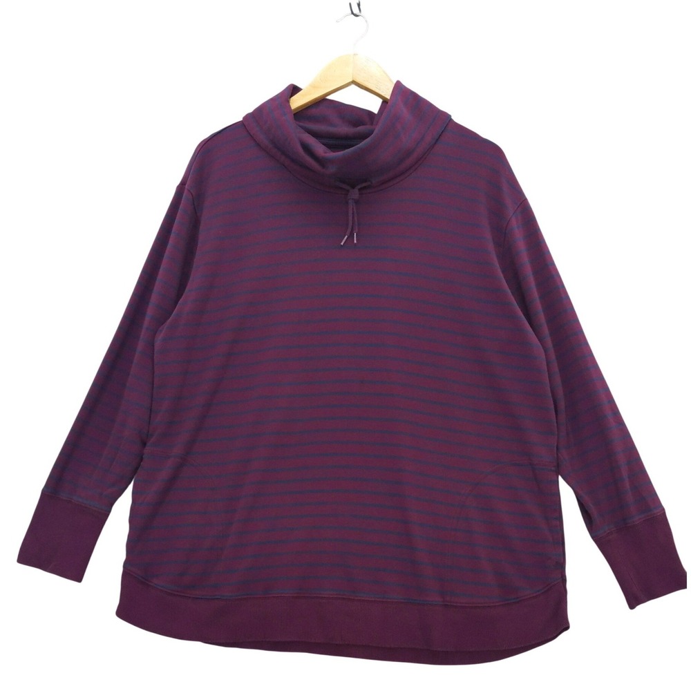 L.L.Bean Pullover Supima Cotton 1X Burgundy Striped Cowl Neck Pockets